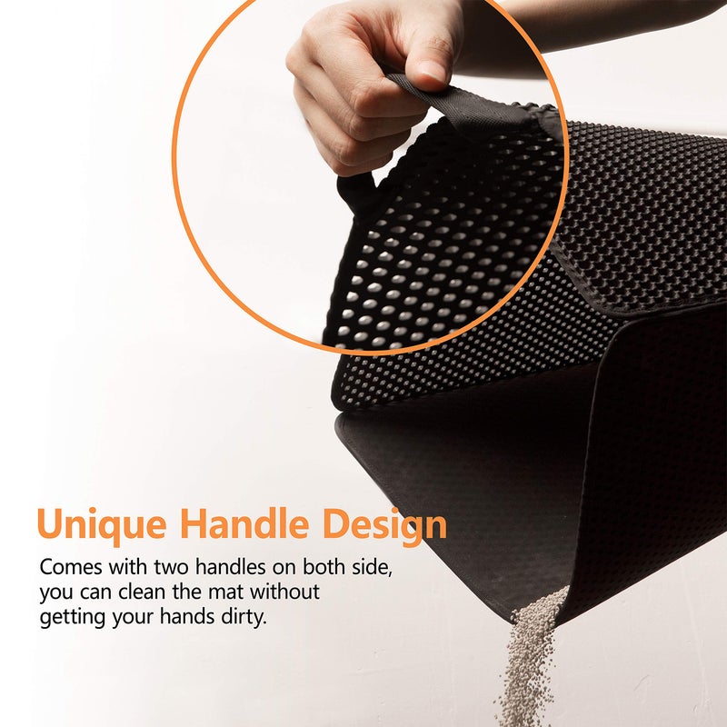 Polarduck Cat Litter Mat-30"X24" Large Litter BoxTrapping Mat for Kitty EVA Honeycomb Double Layer Design, Urine & Waterproof with Handle Design Easier to Clean, Washable, Black - Image 2